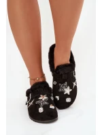 Dámské pantofle s ozdobami a sponou vyhřívané kožešinou černé Thalora