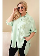 Dámská košile Plus Size z viskózy s květinovým vyšíváním tmavě mátová