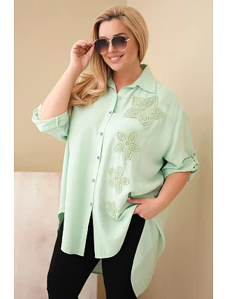 Dámská košile Plus Size z viskózy s květinovým vyšíváním tmavě mátová