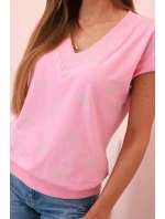 Dámská bavlněná blůza s výstřihem do V a potiskem vlaštovek světle růžová Dámská bavlněná blůza s výstřihem do V a potiskem vlaštovek světle růžová