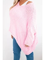 Dámský svetr průsvitný oversize s výstřihem do V a delším zadním dílem růžová cukrová Dámský svetr průsvitný oversize s výstřihem do V a delším zadním dílem růžová cukrová