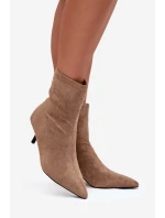 Zateplené dámské kotníkové boty na jehlovém podpatku eko semiš béžové Belisse