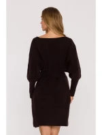 M631 Zavinovací svetrové šaty s vázáním - čokoládové