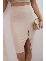 Dámská pruhovaná bavlněná sukně s rozparkem a ozdobnými knoflíky béžová