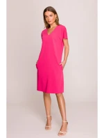 S392 Šaty uvolněného střihu s výstřihem do V - růžové S392 Šaty uvolněného střihu s výstřihem do V - růžové