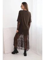 Dámské šaty s tylovým spodním dílem a rukávy hnědá
