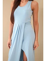 Dámské bavlněné midi šaty bez rukávů s řasením modrá Dámské bavlněné midi šaty bez rukávů s řasením modrá