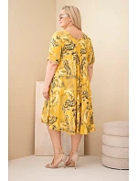 Dámské viskózové šaty Plus Size s krátkým rukávem a paisley střihem hořčicová
