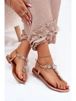 Dámské sandály na plochém podpatku s krystaly růžové zlato Fiolalia