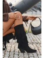 Vyhřívané Kůže Boty Kovbojky Dámské S Fringing Černé Brivina