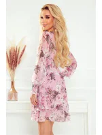410-1 MONICA šifonové šaty s vázaným výstřihem - BRUCE PINK + KVĚTINY