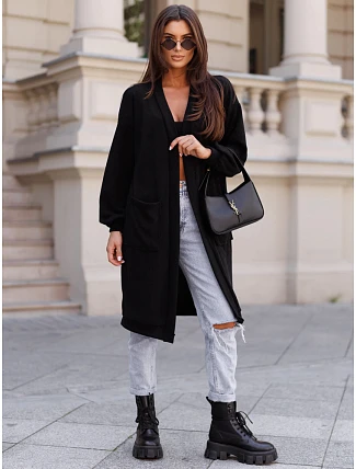 Dlouhý dámský oversize kardigan s kapsami, černý, FashionStreet MY2583 Dlouhý dámský oversize kardigan s kapsami, černý, FashionStreet MY2583