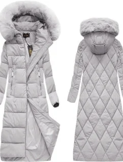 Šedá dlouhá dámská zimní bunda s kapucí (7688BIG)