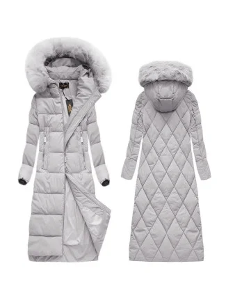 Šedá dlouhá dámská zimní bunda s kapucí (7688BIG)