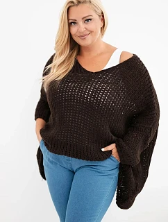Dámský svetr dírkovaný oversize s výstřihem do V a delším zadním hnědý