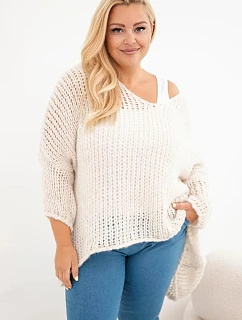 Dámský svetr oversized se vzorem a výstřihem do V a delším zadním dílem béžový