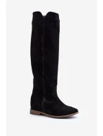 Zazoo 3407 Zamszové Kozáky po Kolena na Ploché Podrážce Černé