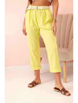 Dámské lněné kalhoty s bavlnou a páskem kiwi
