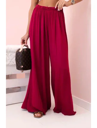 Široké dámské kalhoty z viskózy s elastickým pasem tmavě vínové