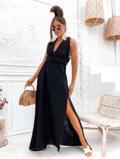 Černé dámské mušelínové šaty se zavazovacím výstřihem (8298)