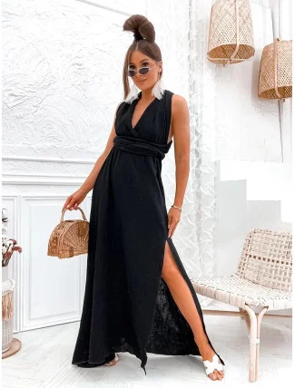 Černé dámské mušelínové šaty se zavazovacím výstřihem (8298) Černé dámské mušelínové šaty se zavazovacím výstřihem (8298)