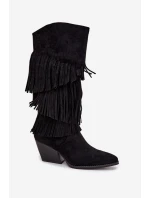 Vyhřívané Kůže Boty Kovbojky Dámské S Fringing Černé Brivina