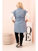 Dámská vesta Plus Size prošívaná s páskem a límcem džínová barva