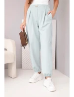 Dámské bavlněné kalhoty s vysokým pasem a ozdobným knoflíkem tmavě mátové