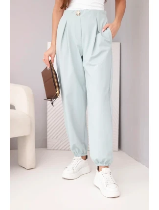 Dámské bavlněné kalhoty s vysokým pasem a ozdobným knoflíkem tmavě mátové