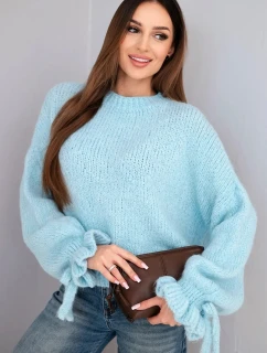 Dámský svetr s přídavkem moheru s hrubým vzorem a ozdobnými rukávy modrý