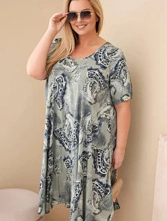 Dámské viskózové šaty Plus Size s krátkým rukávem a paisley střihem khaki