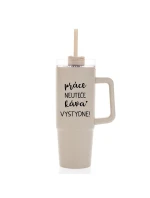 PRÁCE NEUTEČE, KÁVA VYSTYDNE! - béžový cestovní termohrnek s průhledným víčkem 900 ml PRÁCE NEUTEČE, KÁVA VYSTYDNE! - béžový cestovní termohrnek s průhledným víčkem 900 ml