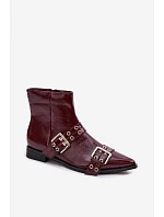 Lakované dámské kotníkové boty na plochém podpatku s pásky a přezkami Bordó Hamira