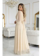 654-2 Dlouhé třpytivé plus size šaty s výstřihem a průhlednými rukávy - šampaňsko-béžové