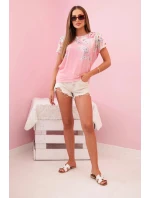 Dámská bavlněná blůza s krátkým rukávem a květinovým potiskem světle růžová