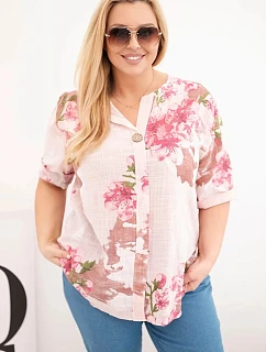 Dámská bavlněná halenka Plus Size s výstřihem do V a květinovým vzorem pudrově růžová
