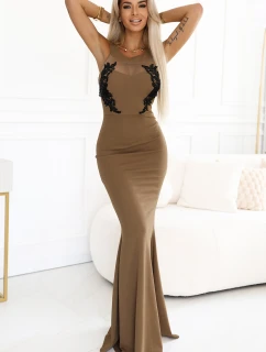 617-1 Dlouhé šaty ve tvaru mořské panny s černou krajkou a síťovinou - MOCHA MOUSSE