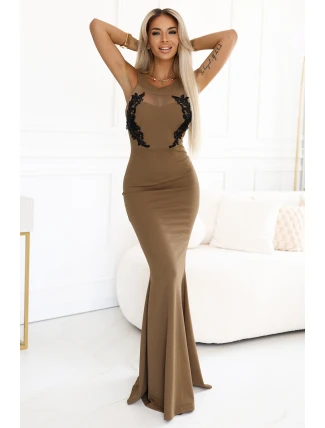 617-1 Dlouhé šaty ve tvaru mořské panny s černou krajkou a síťovinou - MOCHA MOUSSE 617-1 Dlouhé šaty ve tvaru mořské panny s černou krajkou a síťovinou - MOCHA MOUSSE