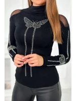 Pletená halenka s motýlem z kubické zirkonie černá