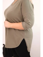 Dámská bavlněná blůza Plus Size s výstřihem do V a ohrnovacími rukávy khaki
