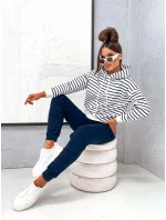 Tmavě modrý bavlněný dámský teplákový komplet s pruhovanou mikinou (82173)