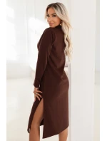 649-1 Elegantní midi šaty s límečkem a bočním rozparkem - čokoládové