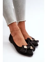 Dámské ekosuede baleríny s mašlí a broží, černé Satris