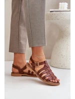 Kožené sandály na plochém podpatku hnědé Zazoo 3686