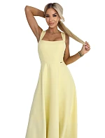 633-3 AURELIA dlouhé svatební šaty s rozparkem a výstřihem typu caro - máslově žluté s třpytkami