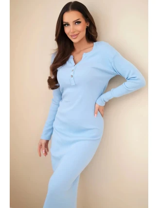Dámská bavlněná šaty s dlouhým rukávem a knoflíkovým výstřihem modrá