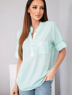 Dámská bavlněná košilová halenka s krátkým rukávem a kapsičkou mátová
