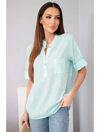 Dámská bavlněná košilová halenka s krátkým rukávem a kapsičkou mátová Dámská bavlněná košilová halenka s krátkým rukávem a kapsičkou mátová