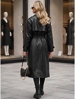 Dlouhý černý dámský dvouřadý kabát s páskem FashionStreet NY0780