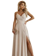 299-20 CHIARA Maxi šaty bez ramínek s obálkovým výstřihem a rozparkem na nohou - šampaňsko-béžové s třpytkami 299-20 CHIARA Maxi šaty bez ramínek s obálkovým výstřihem a rozparkem na nohou - šampaňsko-béžové s třpytkami